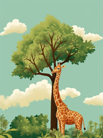 Giraffe in the jungle with a big tree. Vector illustration.の素材