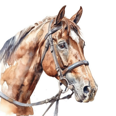 Watercolor portrait of a bay horse in a bridle on a white backgroundの素材