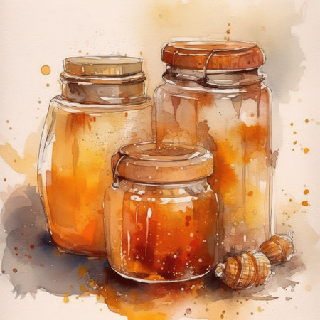 Honey in a glass jar on a white background. Watercolor illustrationの素材