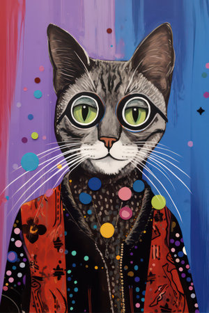 Portrait of a cat with a multicolored pattern on his faceの素材