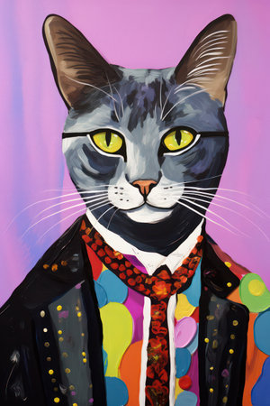 Portrait of a cat in a shirt, tie and bow tie.の素材