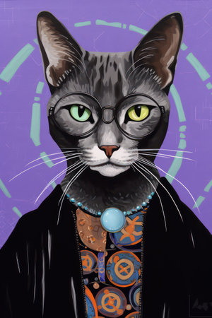 Black cat with green eyes and black clothes on a purple background.の素材