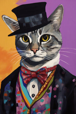Digital painting of a cat wearing a top hat and a bow tieの素材