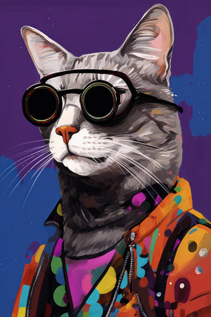 Fashion cat with glasses on a colorful background. Vector illustration.の素材