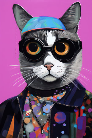 Fashion portrait of a cat in a hat and sunglasses. Vector illustration.の素材