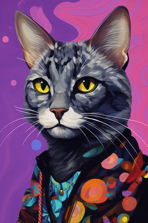 Portrait of a gray cat in a bright jacket on a colorful backgroundの素材