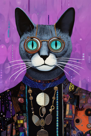 Portrait of a black cat with glasses, bohemian styleの素材