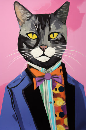 cat in a suit with a bow tie on a pink background.の素材