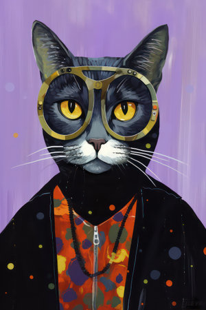 Cartoon black cat with glasses on purple background. Animal portrait.の素材