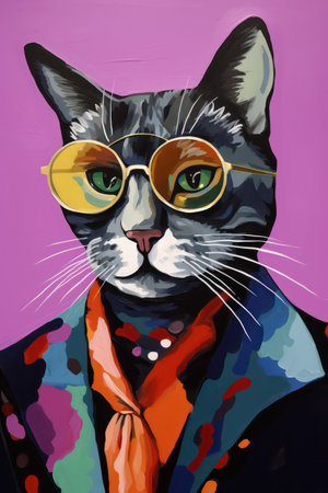 Fashion illustration of a cat wearing sunglasses and a colorful scarf.の素材