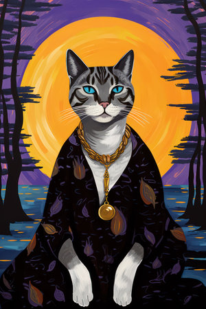 Vector illustration of a cat in a boho style sitting on the background of the moon.の素材