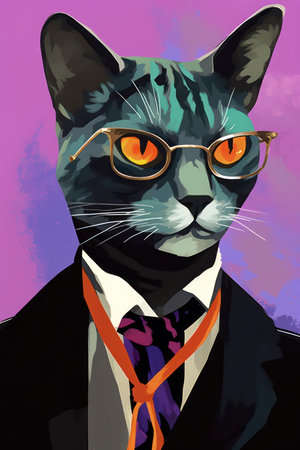 Vector illustration of a cat in glasses with a tie and a bow tieの素材
