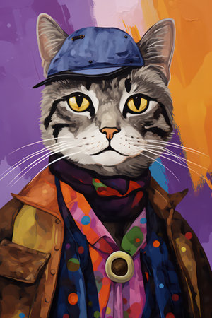 Portrait of a cat in a cap and jacket on a colored backgroundの素材