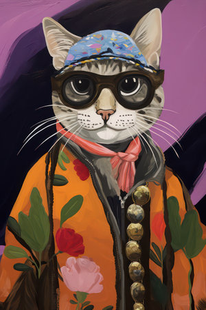 Fashion illustration of a cat wearing a motorcycle helmet and sunglasses.の素材