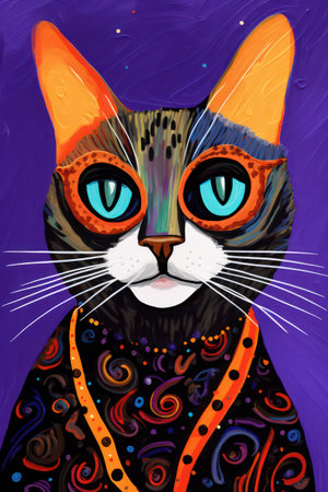 Vector illustration of a cat with blue eyes and multicolored patterns.の素材