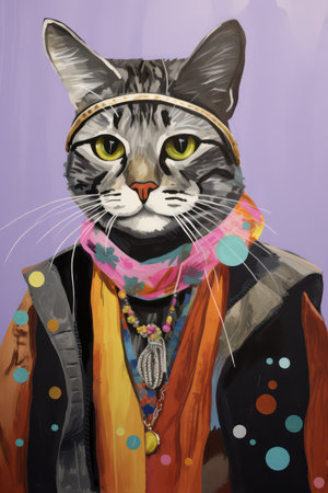 Portrait of a cat wearing a headscarf and a scarfの素材
