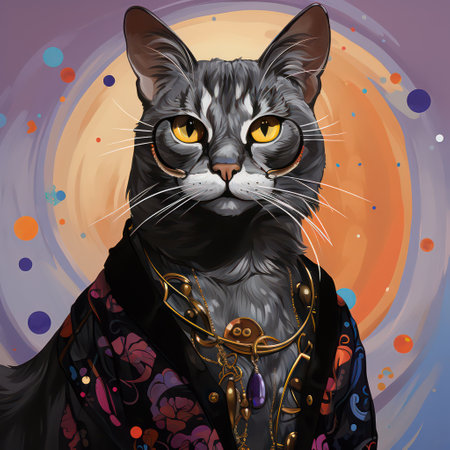 Portrait of a beautiful black cat with yellow eyes. Vector illustration.の素材