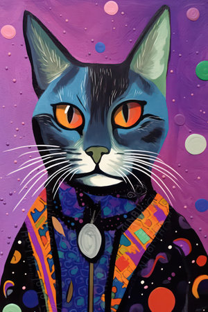 Fashion illustration of a cat on a multicolored background.の素材