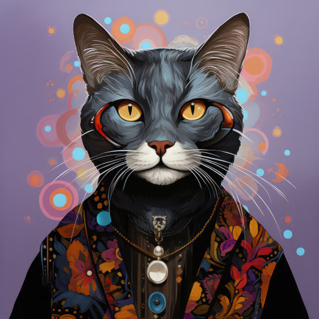 Portrait of a black cat in a boho style. Vector illustration.の素材
