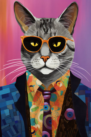 Portrait of a cat with a bow tie on a colorful backgroundの素材