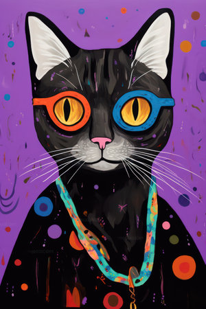 Portrait of a black cat with colorful eyes. Vector illustration.の素材