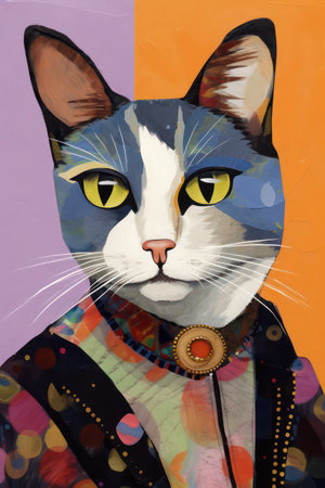 Portrait of a cat with yellow eyes and a patterned jacketの素材