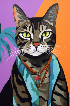 Vector illustration of a cat in a blue jacket with a necklace.の素材