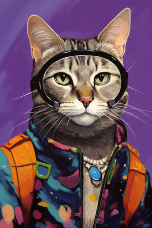 Hipster cat in a jacket and a helmet. Vector illustration.の素材
