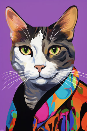 Vector illustration of a cat in the style of pop art on a purple backgroundの素材