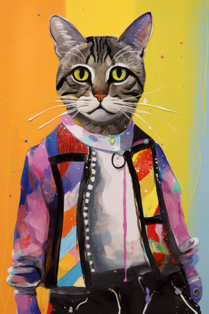 Artistic portrait of a cat in a colorful jacket on a colorful backgroundの素材