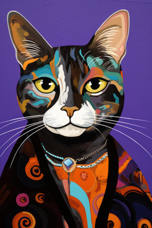 Illustration of a cat with a colorful pattern on a purple backgroundの素材