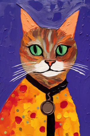 Portrait of a cat with a medal on a purple background.の素材