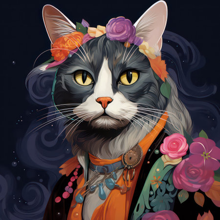 Fashion portrait of a cat with flowers. Hand drawn vector illustration.の素材
