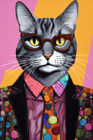 Portrait of a cat with glasses and bow tie. Fashion illustration.の素材