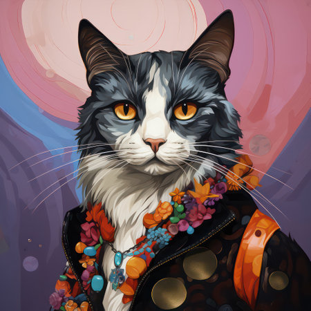 Portrait of a beautiful cat in a leather jacket. Vector illustration.の素材