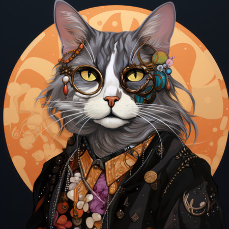 Portrait of a cat with glasses on a background of the moonの素材