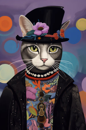 Fashion portrait of a cat in a top hat with flowers.の素材