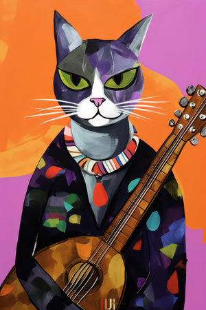 Colorful illustration of a cat with a guitar on a colorful backgroundの素材