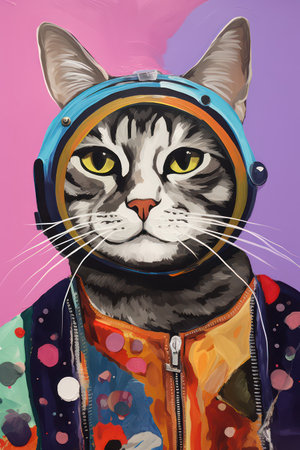 Portrait of cat with helmet and glasses. Colorful illustration.の素材