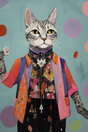 Fashionable cat dressed in a colorful shirt and tie with a colorful backgroundの素材