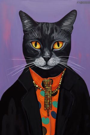 Fashionable black cat with orange bow tie on purple background.の素材