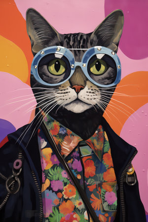 Portrait of a cat wearing a motorcycle helmet and sunglasses on a colorful backgroundの素材