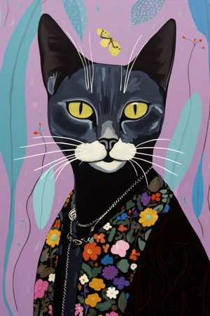 Fashionable black cat with flowers and butterfly on a pink backgroundの素材