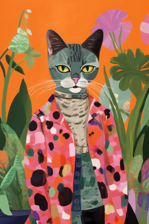 Vector illustration of a cat in a raincoat with green eyes.の素材