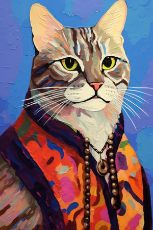 Colorful portrait of a cat in a bright jacket on a colored backgroundの素材