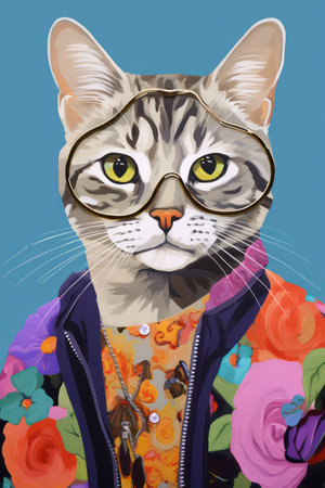 Portrait of a cat in a jacket and glasses with flowers.の素材