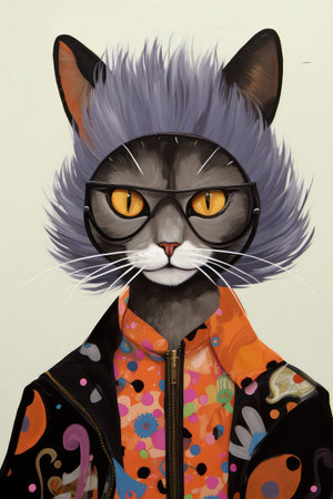 Fashionable cat in a jacket and glasses on a white backgroundの素材