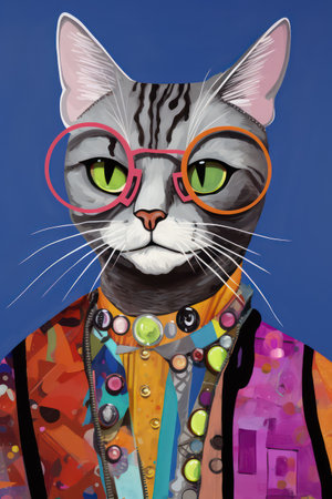 Portrait of a cat in a bright jacket and red glasses.の素材