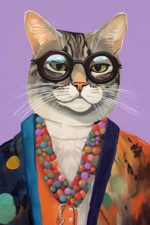 Portrait of a cat with glasses and colorful clothes on a purple background.の素材