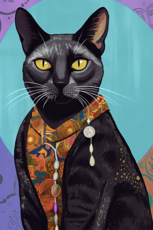 Portrait of a black cat with a colorful pattern on the backgroundの素材